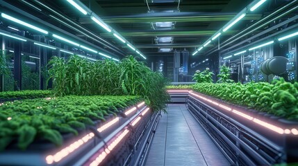Naklejka premium Indoor hydroponic farm with rows of leafy greens growing under blue and white LED lights.