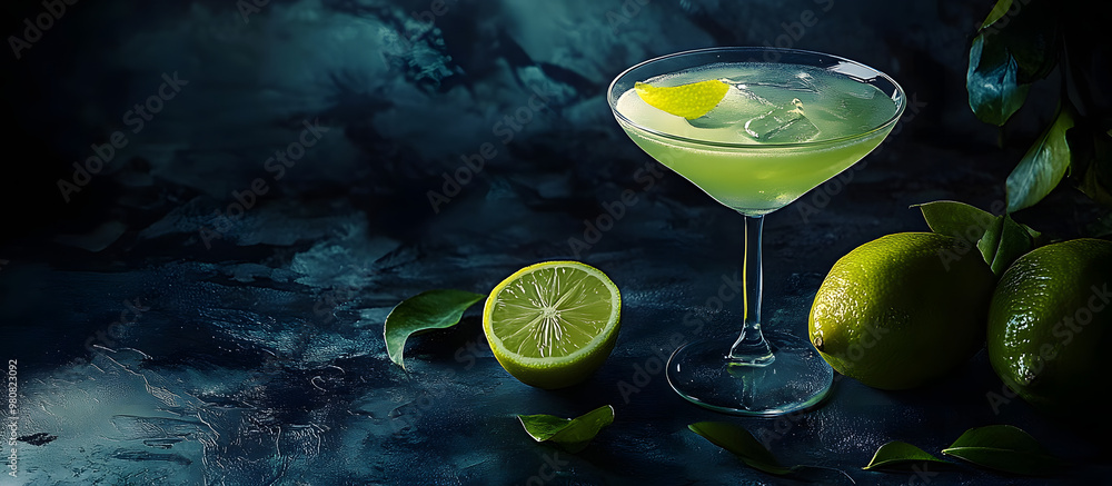 Poster a green lemon placed with a cocktail glass on a dark backdrop creating a stylish copy space image