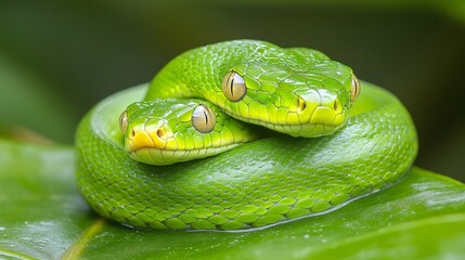 Fototapeta premium Two Vibrant Green Snakes Entwined on Leaf, Symbol of Harmony and Renewal in Chinese New Year