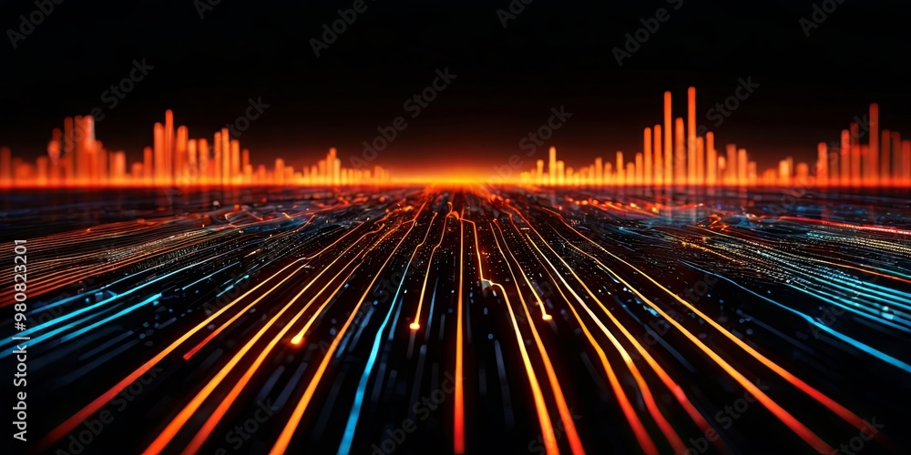 Poster a cityscape with orange and blue lines that are connected to each other