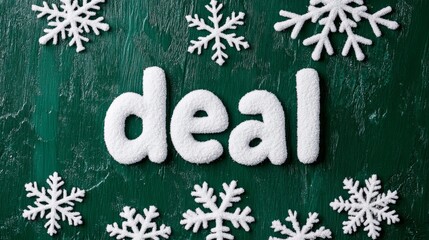 Bold word deal in white with a snowflake pattern on a rich, emerald green background 