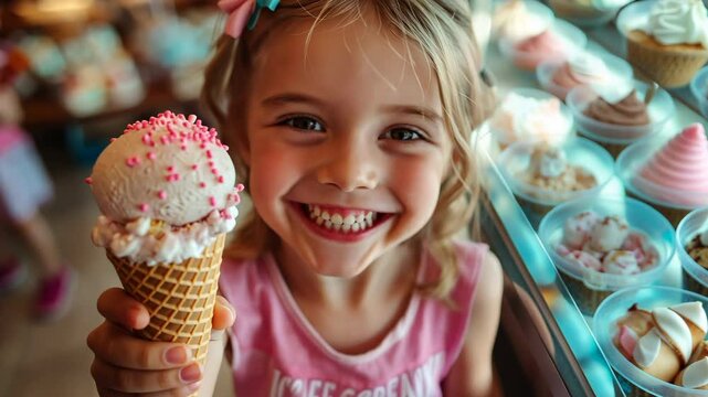 Young girl holding colorful ice cream cone with sprinkles, close-up portrait of smiling child enjoying sweet treat at ice cream parlor, summer fun and childhood joy