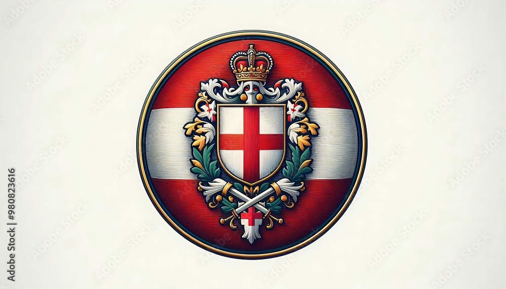Poster a red and white circle with a crown on top and a white cross in the middle. the circle is surrounded
