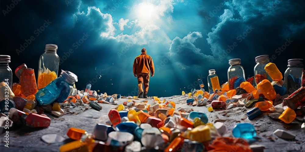 Aufkleber walks down a path in a colorful, chaotic environment
