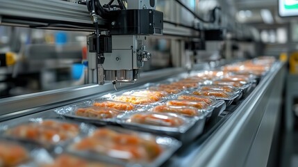 Automated packaging line in a food factory.