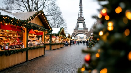 Bustling Christmas market in front of the Eiffel Tower, with festive stalls, twinkling lights, and a giant Christmas tree 