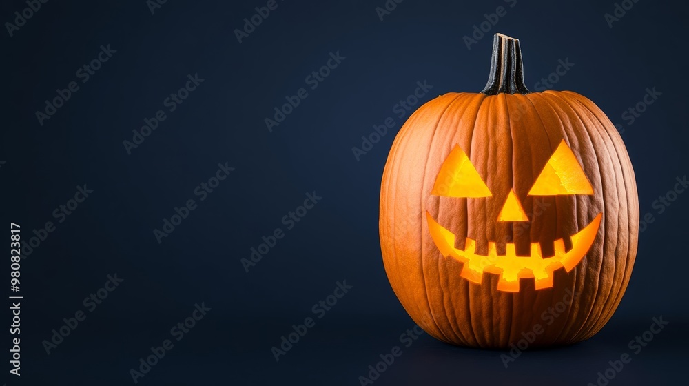 Poster carved halloween pumpkin with a menacing grin illuminated from inside on a dark gradient background
