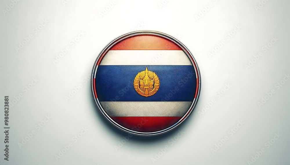 Poster a flag with a red, white and blue design. the flag is circular and has a yellow circle in the middle