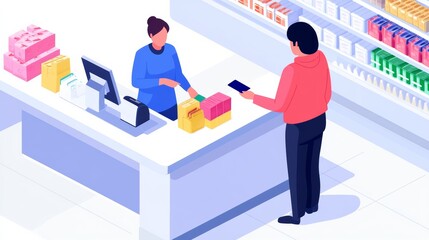 Cashier scanning items at a checkout counter with colorful products and a customer swiping a credit card 