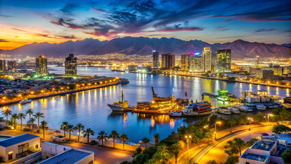 Fototapeta premium Busy port with vibrant sunset over the city, showcasing contrasting elements. Vibrant cityscape at night, with towering cranes and industrial infrastructure.