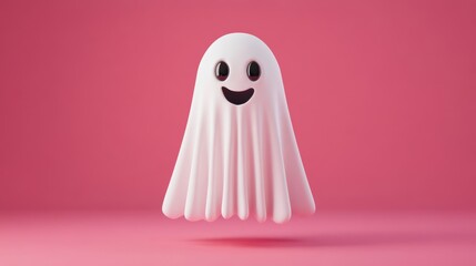 Character shaped like a tablecloth ghost, with friendly eyes and a smile, floating on a pastel plum background 