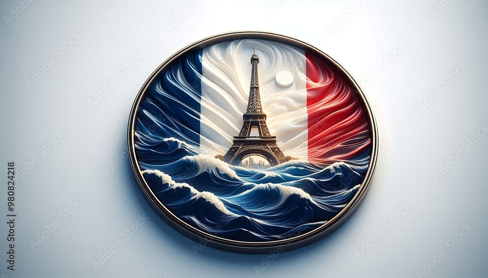Poster a coin with the eiffel tower on it and the french flag in the background. the coin is surrounded by 