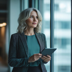 Businesswoman standing by a window in an office, holding a tablet and looking thoughtfully