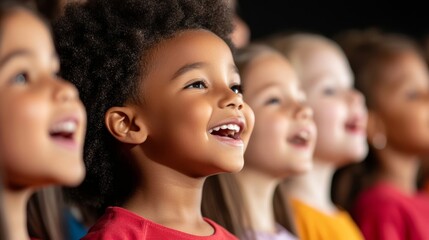 Obraz premium Children's choir singing songs of peace and freedom during a Human Rights Day event, with a diverse audience smiling and clapping 