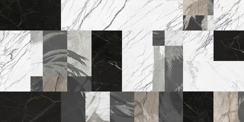 Creative patchwork pattern stone ceramic wallpaper design. White marble