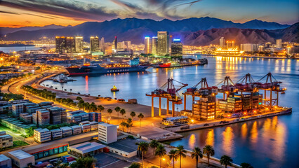 Fototapeta premium Illuminated cityscape at night with towering cranes and vibrant sunset. Dynamic urban landscape featuring industrial harbor and contrasting nature.