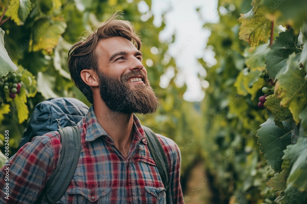 Poster a man with a beard and a backpack is smiling in a vineyard. scene is cheerful and relaxed
