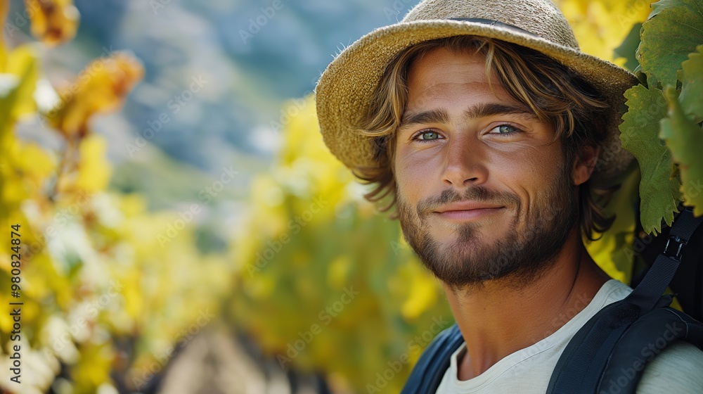 Poster a man with a hat and beard is smiling and posing for a picture. he is wearing a backpack and standin