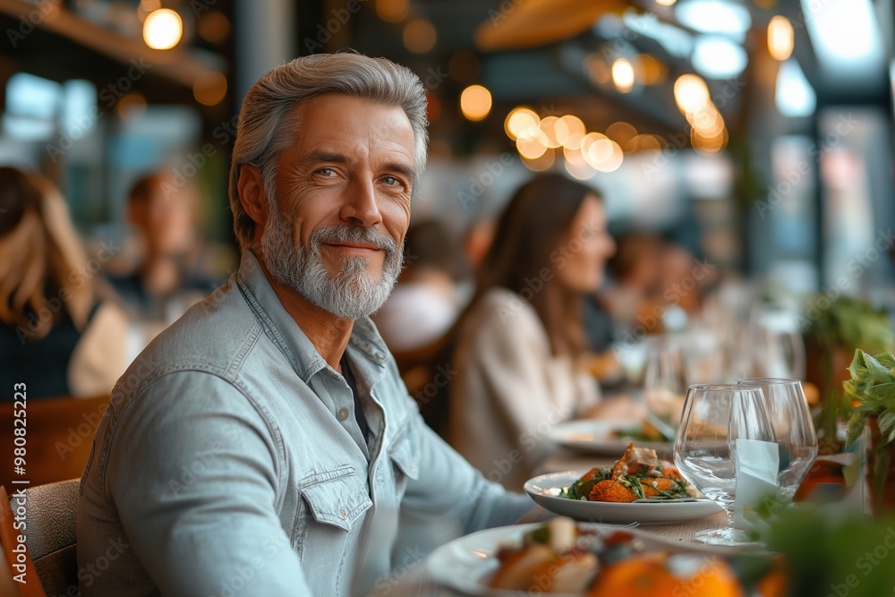 Poster a man is smiling at the camera while sitting at a table with a plate of food in front of hima