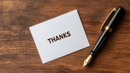 A glowing thank you card lying on a polished wooden desk, next to an elegant fountain pen gratitude, appreciation