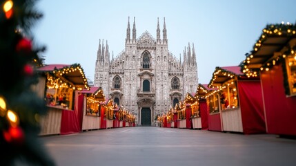 Fototapeta premium Christmas market on the Piazza del Duomo in Milan, with the grand cathedral backdrop, festive lights, and colorful stalls 