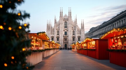 Obraz premium Christmas market on the Piazza del Duomo in Milan, with the grand cathedral backdrop, festive lights, and colorful stalls 