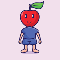 Cute Kid Wearing Apple Costume Cartoon Vector Icon Illustration. People Food Icon Concept Isolated Premium Vector. Flat Cartoon Style