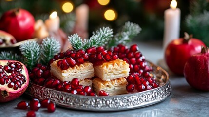 Close-up of traditional Persian sweets like baklava and koloocheh arranged on a silver tray, with pomegranates and candles for Yalda Night 