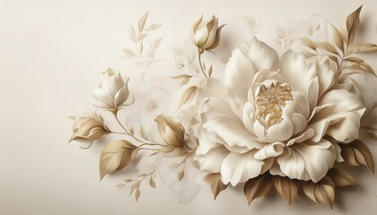 White and gold flowers on a white background. Ornamental wedding background