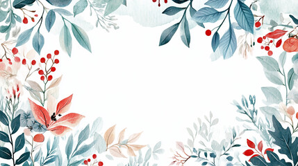 Winter flowers with leaves frame, pinecones and poinsettia flowers. Seasonal Christmas design template, watercolor illustration