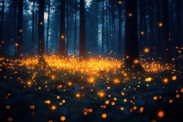 enchanted forest gala with floating golden fireflies moonlit clearings bioluminescent mushrooms and fairy lights create magical atmosphere