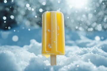 A yellow ice cream stick is sitting in the snow. The image has a cold and wintry mood, with the snow and ice creating a sense of isolation