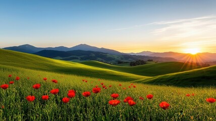 Sunrise over rolling hills covered in wildflowers, with long shadows cast by the undulating terrain and morning dew glistening on petals