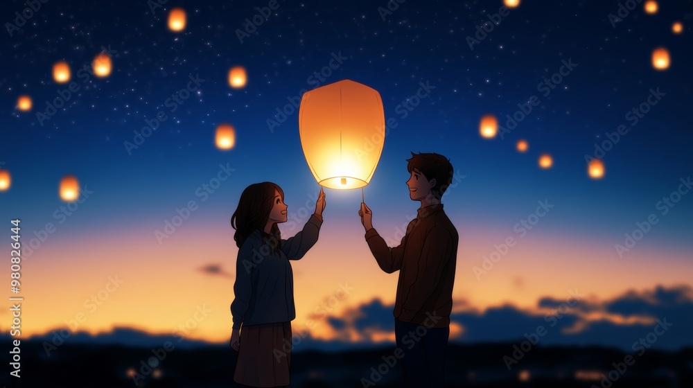 Sticker Couple releasing a lantern together during Yi Peng, with joyous smiles, under a sky filled with glowing lanterns and stars 