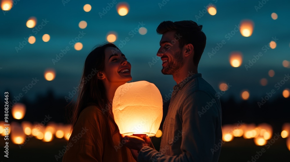 Canvas Prints Couple releasing a lantern together during Yi Peng, with joyous smiles, under a sky filled with glowing lanterns and stars 