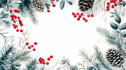 Winter flowers with leaves frame, pinecones and poinsettia flowers. Seasonal Christmas design template, watercolor illustration