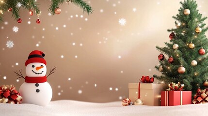Fototapeta premium Illustrazione di Natale con pupazzo di neve, albero e regali.Ampio spazio per auguri personalizzati.
