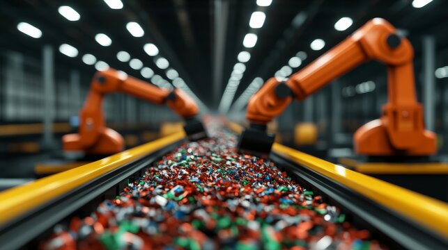 Conveyor belt system in a waste processing facility, moving mixed recyclable materials, with robotic arms sorting them 