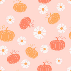 Thanksgiving seamless pattern with pumpkin and cute flower on pink background vector.