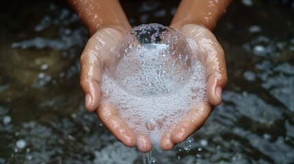 Fototapeta premium A detailed view of soap bubbles forming on hands under running water, highlighting hygiene in a modern environment.