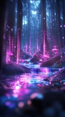 A magical forest where trees of light cast a gentle glow
