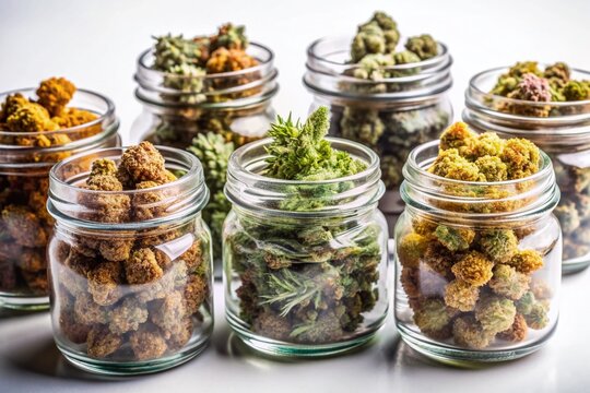 Vibrant medicinal buds of diverse cannabis strains artfully arranged in glass jars, showcasing unique shapes, colors, and textures, against a clean white background.