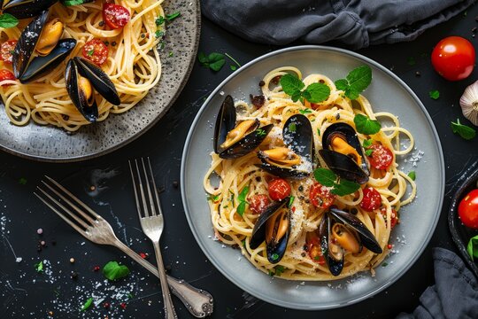 Delicious spaghetti with mussels and cherry tomatoes served on elegant plates in a cozy dining setting