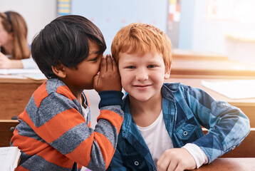 Education, naughty and secret with boy students in classroom together for learning or study....