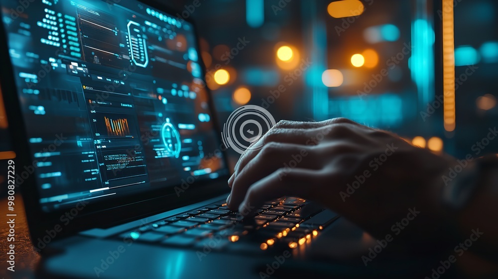 Poster a person typing on their laptop, with digital data flowing out of the screen and glowing blue partic