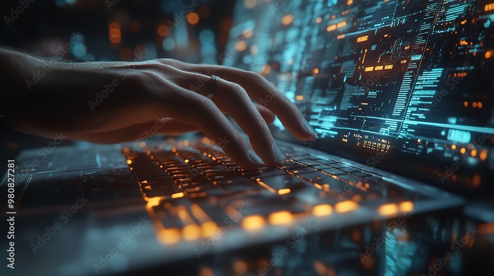 Poster a person typing on their laptop, with digital data flowing out of the screen and glowing blue partic