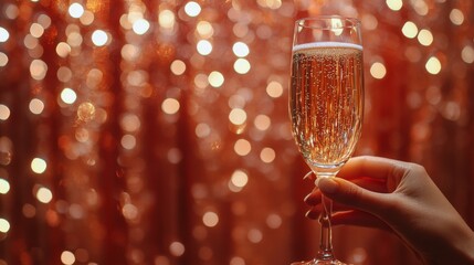 Celebratory toast with sparkling drink against a backdrop of golden festive lights