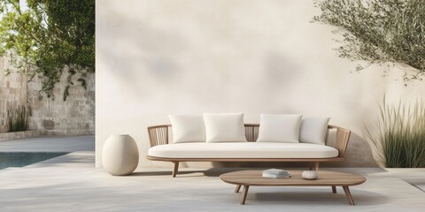 Classic mid-century modern street furniture design, neutral colors, aesthetic ambiance scandinavian sofa and chairs made of wood and beige textiles. Scandinavian backyard terrace surrounded by trees