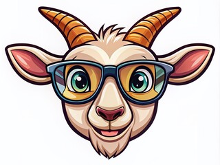 Naklejka premium Adorable smiling goat cartoon character wearing trendy glasses, whimsical vector icon illustration with bold lines, bright colors, and playful personality.