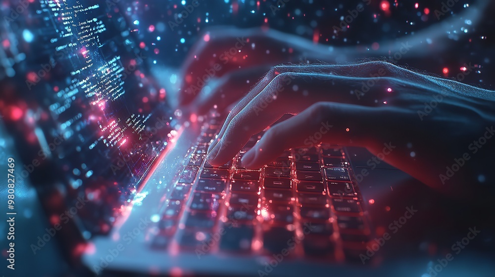 Poster a person typing on their laptop, with digital data flowing out of the screen and glowing blue partic